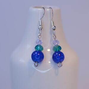 Blue and Green Glass Bead Earrings; Handmade Sterling Silver